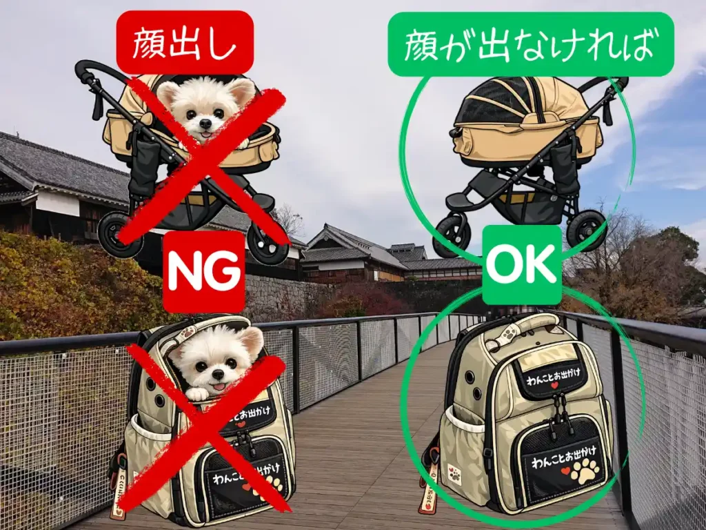 有料エリアに入れるペットカートとキャリーバッグの説明