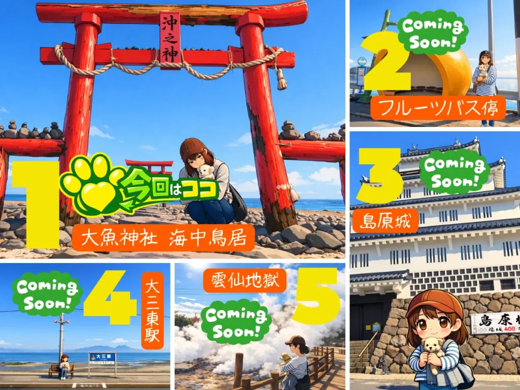 島原半島へ犬連れ旅で訪れる場所イラスト