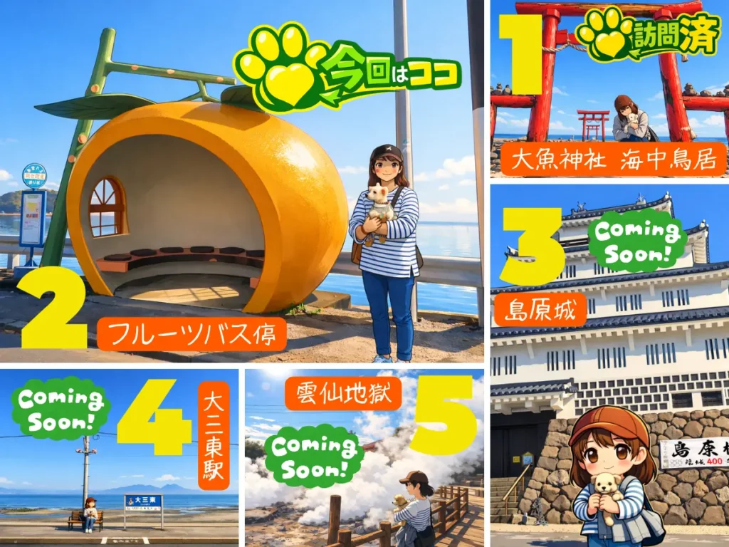 島原半島を巡る犬連れ旅イラスト