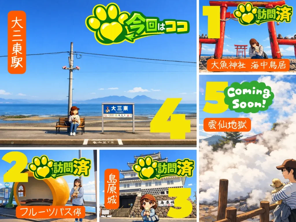 わんこと島原半島を巡る1日旅イラスト