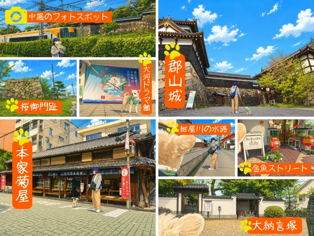 大和郡山を犬連れで巡る観光スポットのイラスト