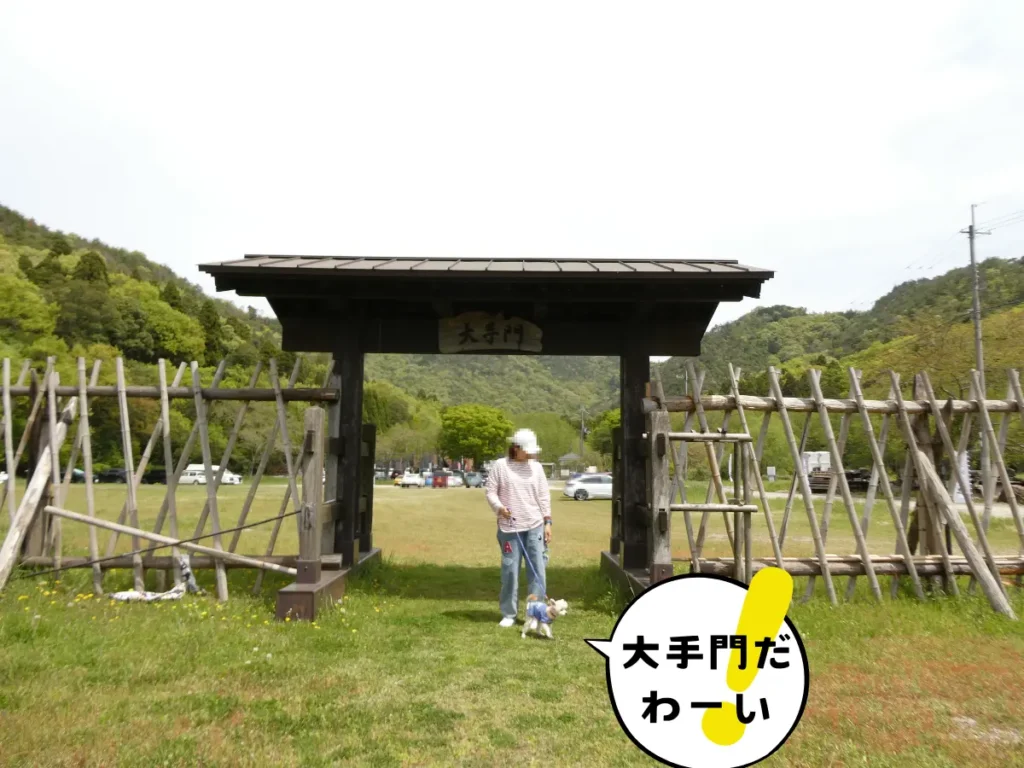 復元された大手門と駐車場
