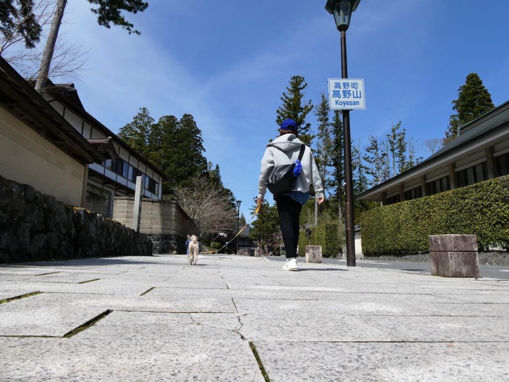高野山の町並みを歩くママと犬